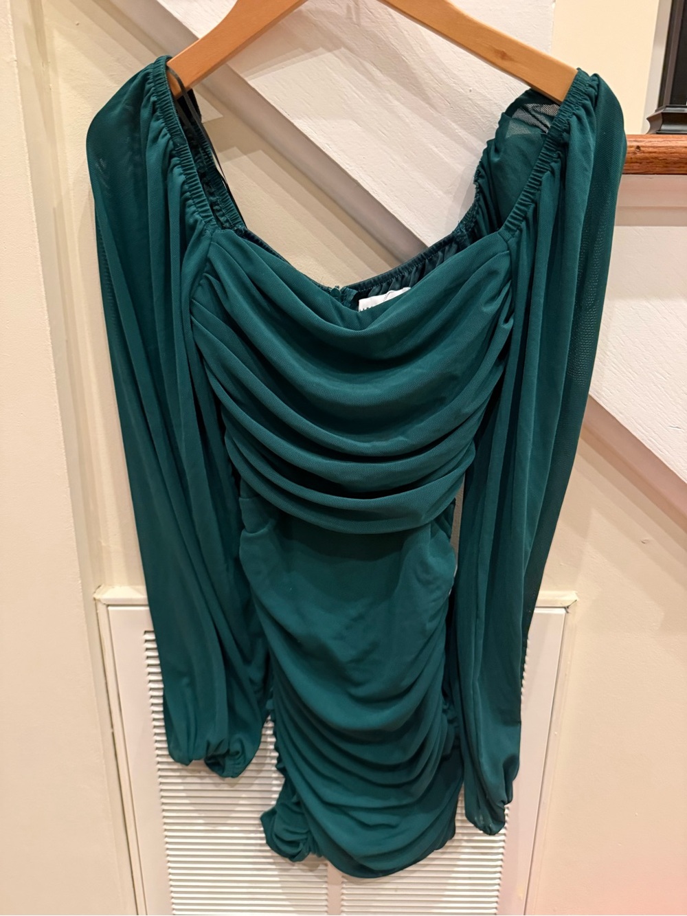 Teal Green Ruched Mini Dress with Long Bishop Sleeves